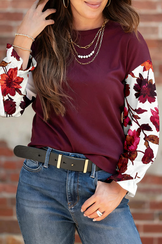 Wild Ginger Contrast Floral Sleeve Solid Ribbed Body Patchwork Long Sleeve Top