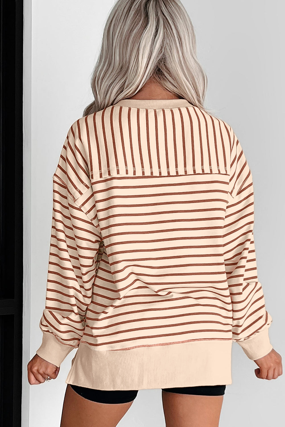 Khaki Stripe Ribbed Band Seam Detail Baggy Sweatshirt