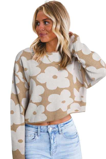 Light French Beige Flower Pattern Cropped Sweater - L & M Kee, LLC