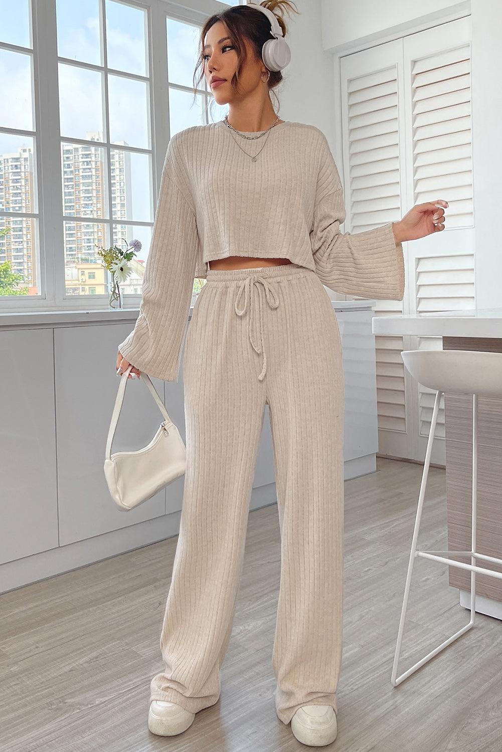 Khaki Ribbed Knit Bell Sleeve Crop Top Drawstring Pants Set - L & M Kee, LLC