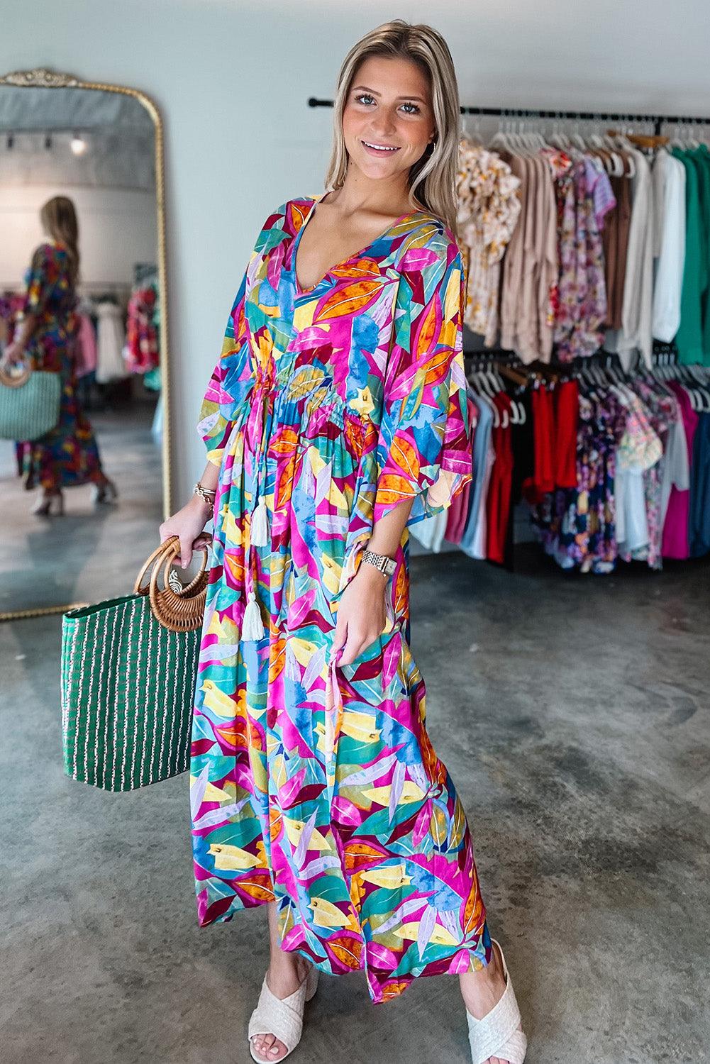 Multicolour Abstract Print High Waist V Neck Maxi Dress - L & M Kee, LLC