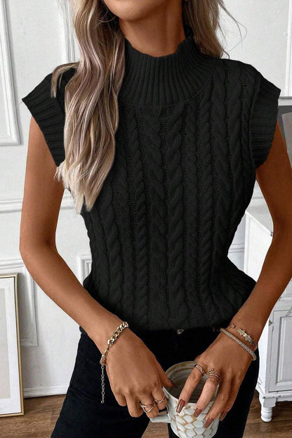 Black Cable Knit High Neck Sweater Vest - L & M Kee, LLC