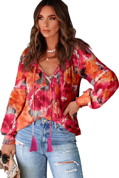 Red Floral Print Split Neck Tassel Tie Blouse - L & M Kee, LLC