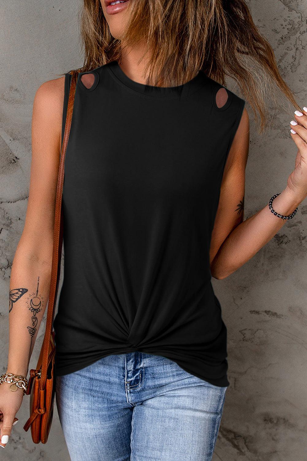 Rib Knit Cut-out Front Twist Tank Top - L & M Kee, LLC