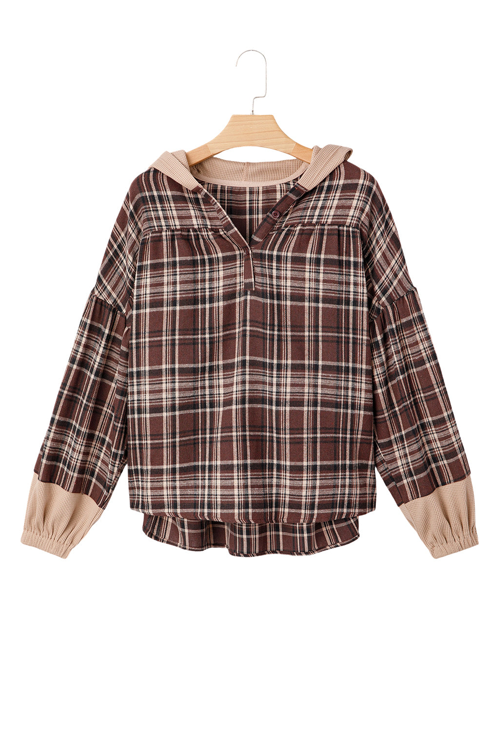 Brown Plaid Patchwork Long Sleeve Button Hooded Blouse