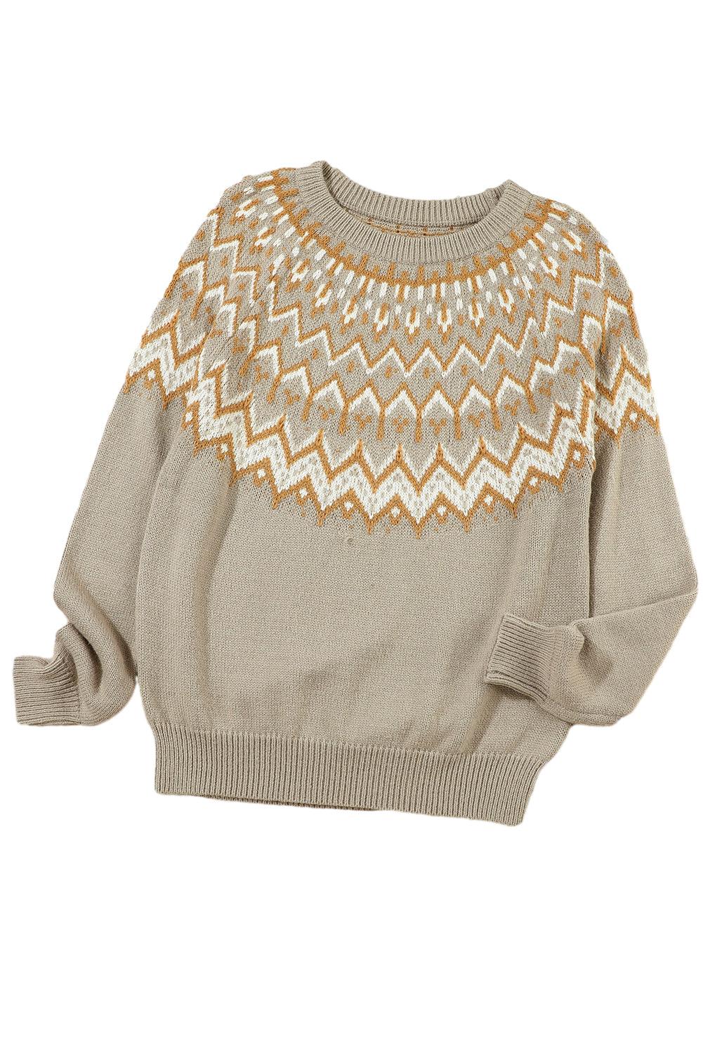 Gray Geometric Pattern Ribbed Round Neck Sweater - L & M Kee, LLC