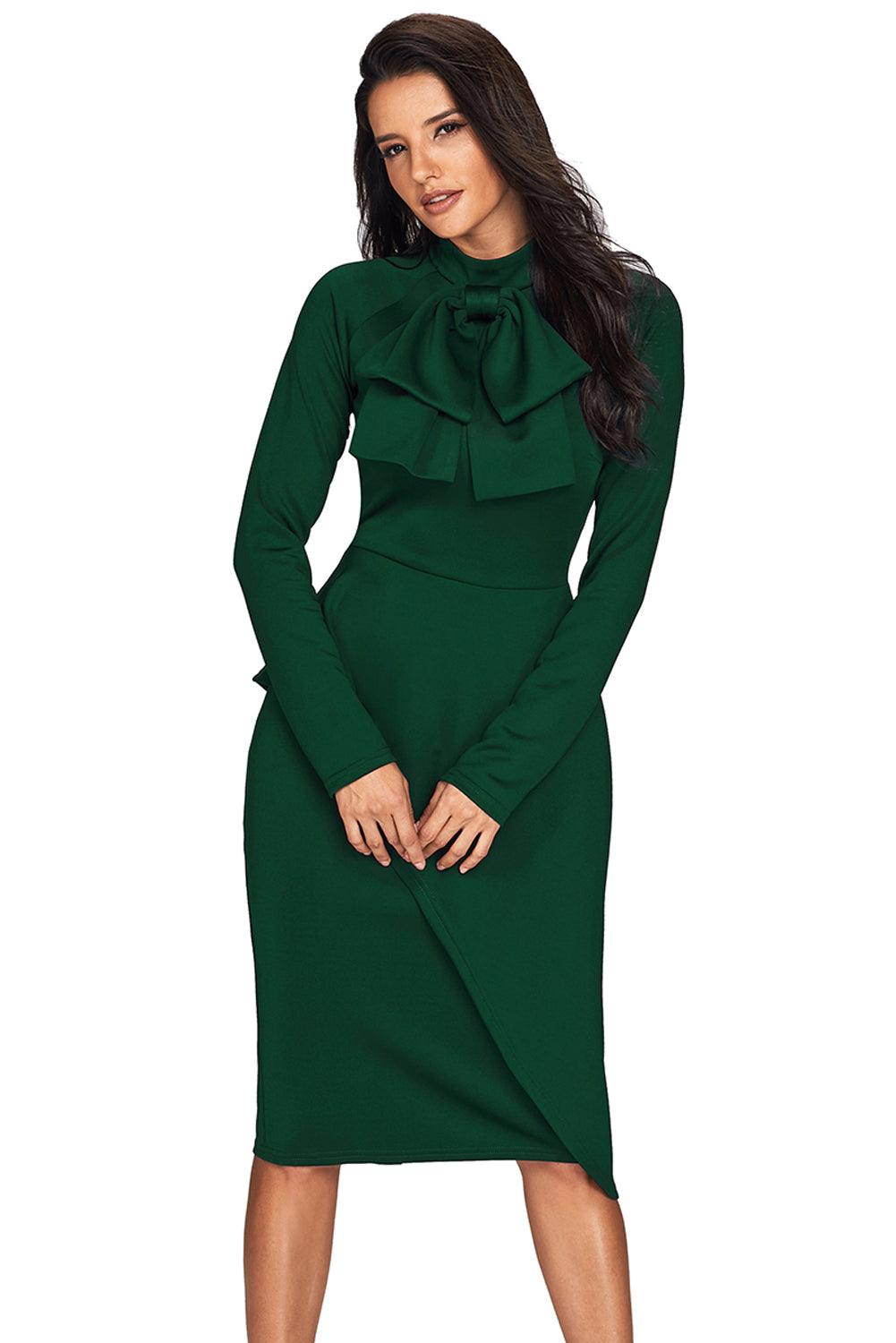 Jade Green Asymmetric Peplum Style Pussy Bow Dress - L & M Kee, LLC