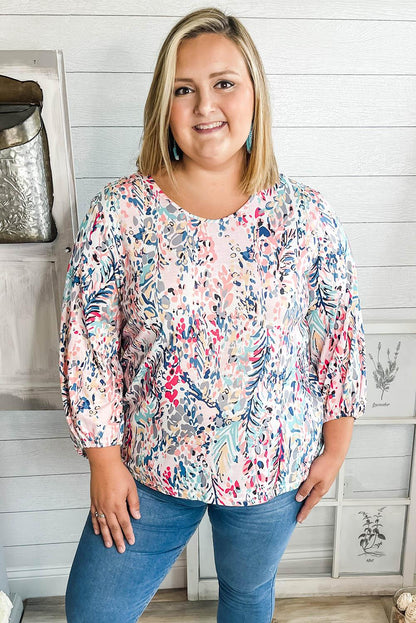 Multicolor Plus Size Floral Print Round Neck Long Sleeve Blouse - L & M Kee, LLC