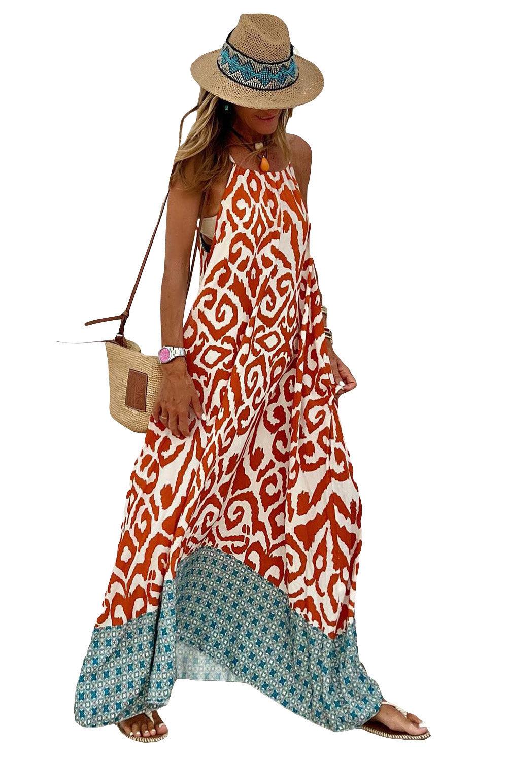 Boho Geometric Print Sleeveless Maxi Dress - L & M Kee, LLC