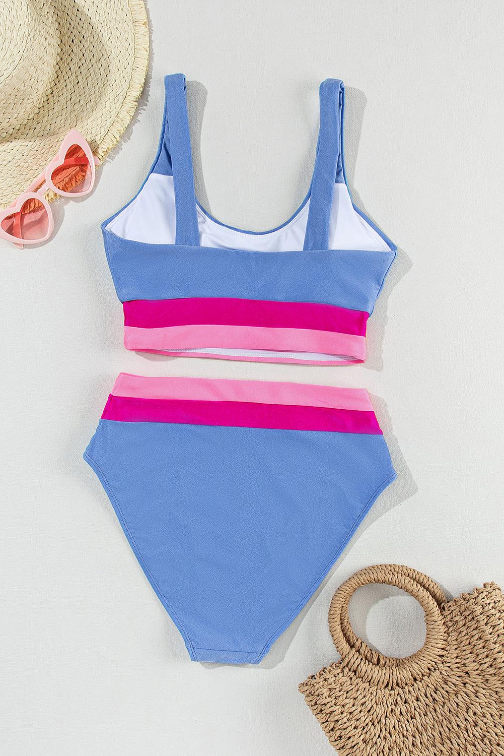 Light Blue Colorblock High Waisted Bikini Swimsuit - L & M Kee, LLC