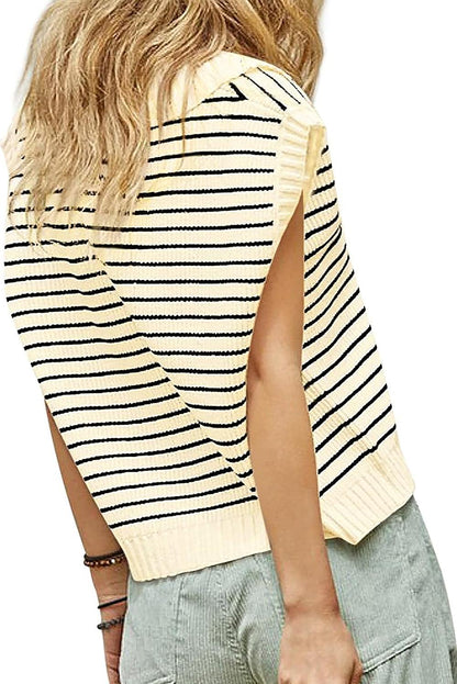 Beige Stripe Turn-down V Neck Sweater Tank Top - L & M Kee, LLC