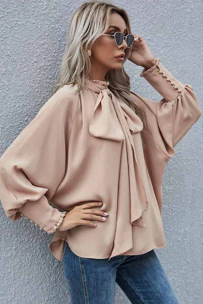 Pink Frilled Knotted Mock Neck Bishop Sleeve Blouse - L & M Kee, LLC