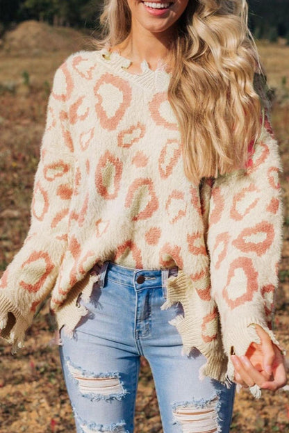 Leopard Animal Print Distressed Trim Fuzzy Sweater - L & M Kee, LLC