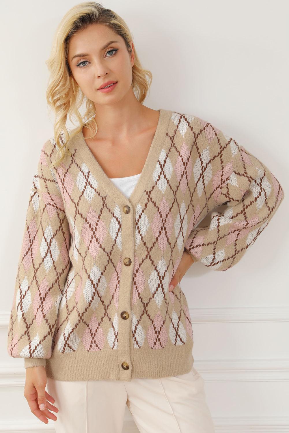 Multicolour Rhombus Pattern Knit Sweater Cardigan - L & M Kee, LLC