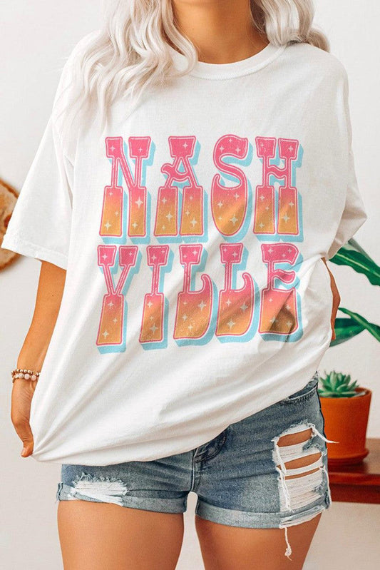 White NASHVILLE Starry Print Crew Neck Oversized T Shirt - L & M Kee, LLC