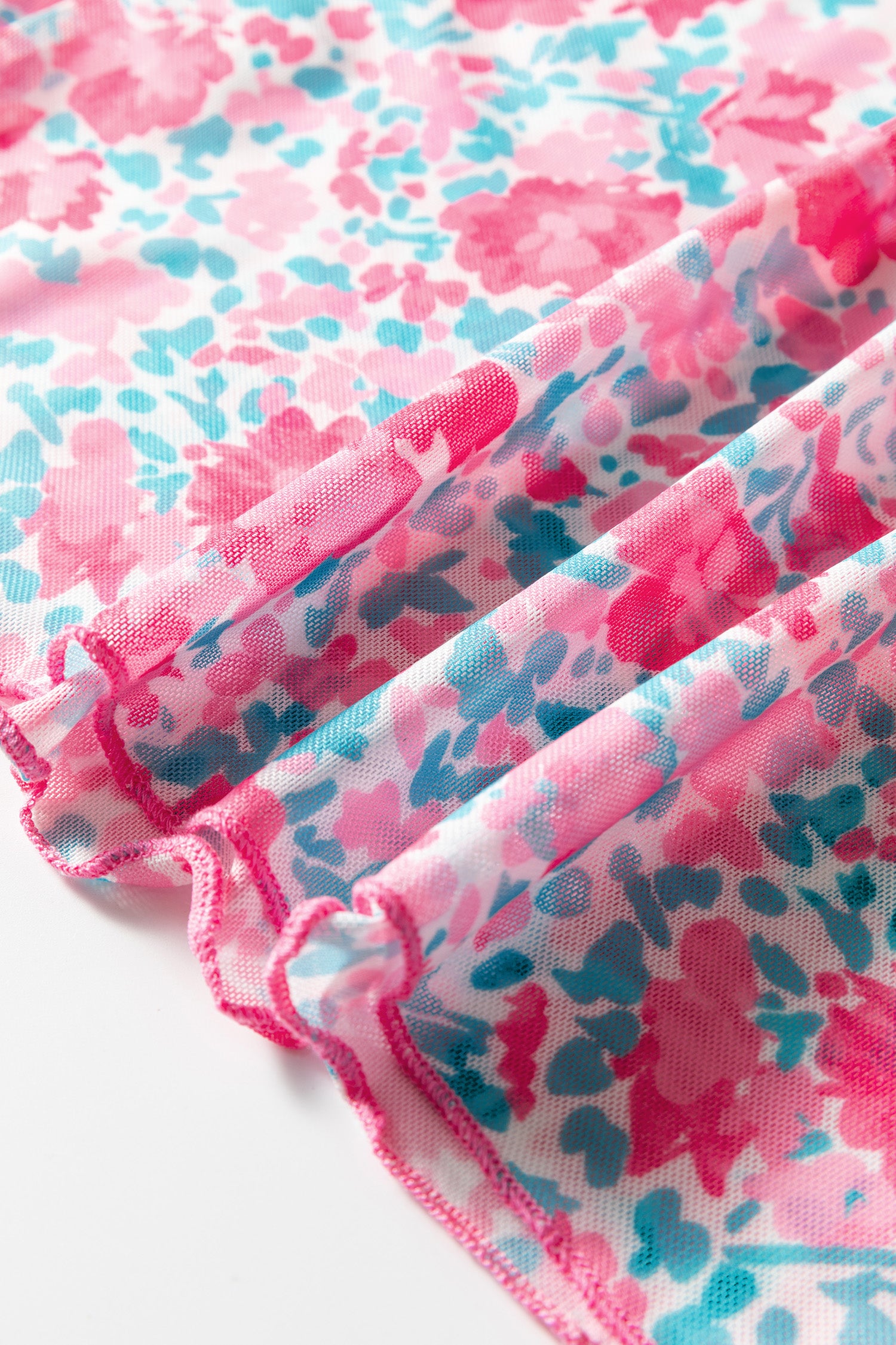 Pink Slim Fit Floral Mesh Long Sleeve Mock Neck Top