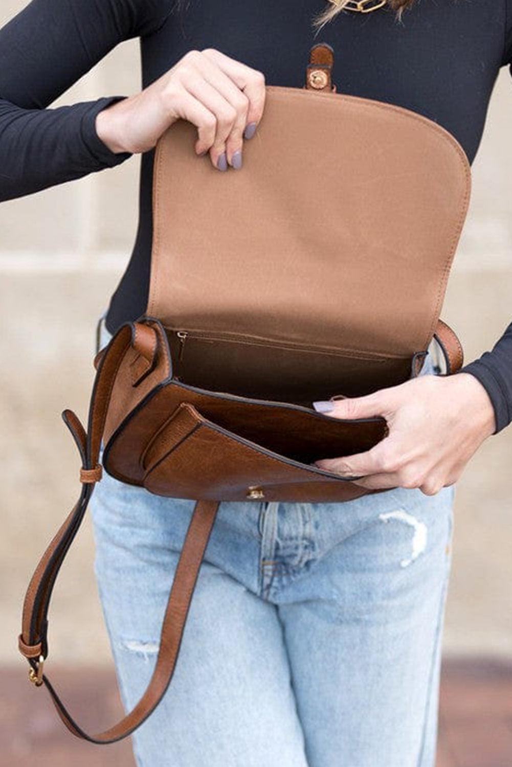 Chestnut Flapped Magnetic Buckle PU Leather Shoulder Bag - L & M Kee, LLC