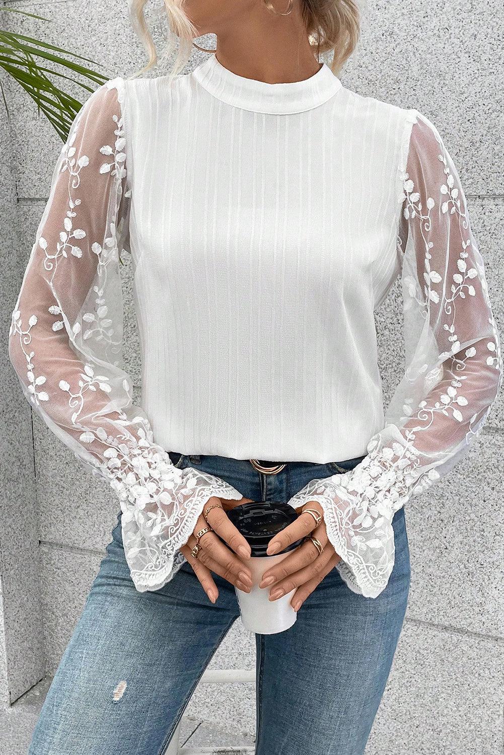 White Contrast Lace Sleeve Mock Neck Textured Blouse - L & M Kee, LLC