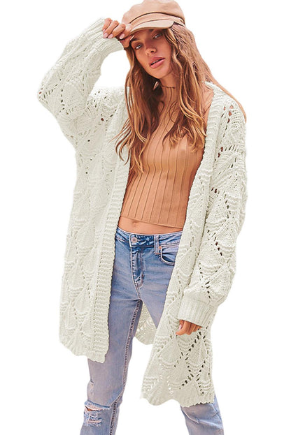 White Rhombus Hollowed Knit Open Front Cardigan - L & M Kee, LLC