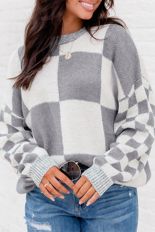 Medium Grey Checkered Print Drop Shoulder Sweater - L & M Kee, LLC