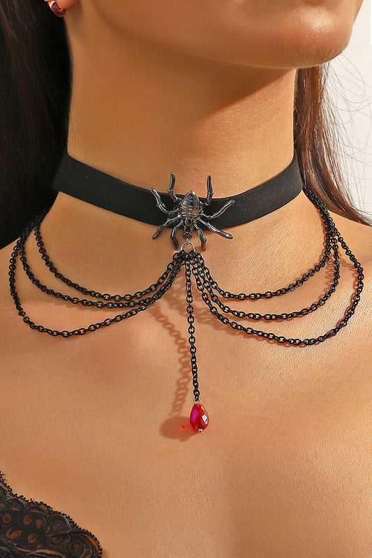 Black Spider Layered Chain Bead Pendant Choker Necklace