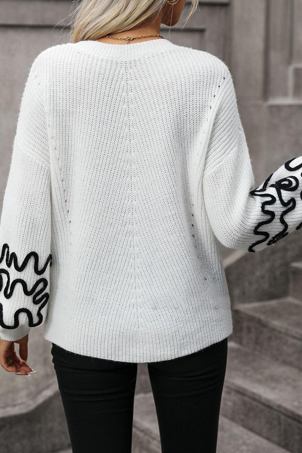 White Abstract Crochet Bubble Sleeve Loose Sweater - L & M Kee, LLC