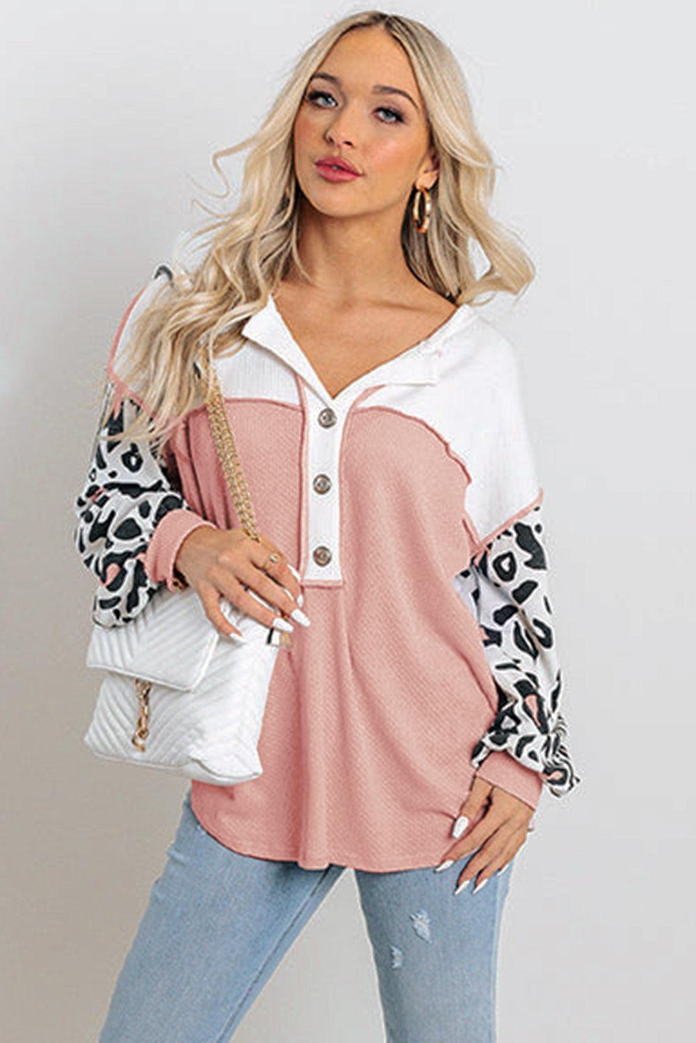 Pink Leopard Sleeve Patchwork Waffle Knit Top - L & M Kee, LLC