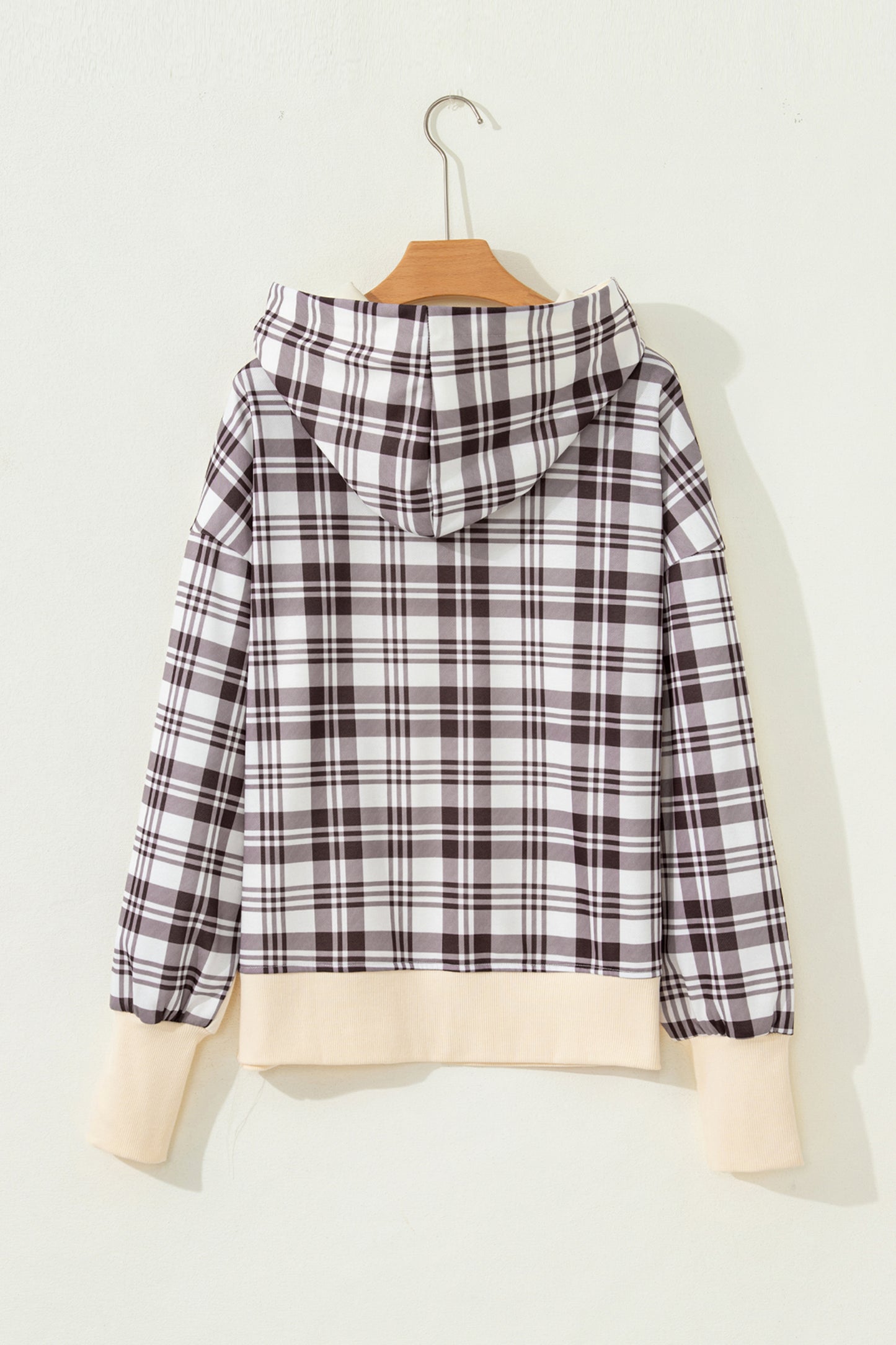 Beige Plaid Patchwork Side Slit Sweatshirt