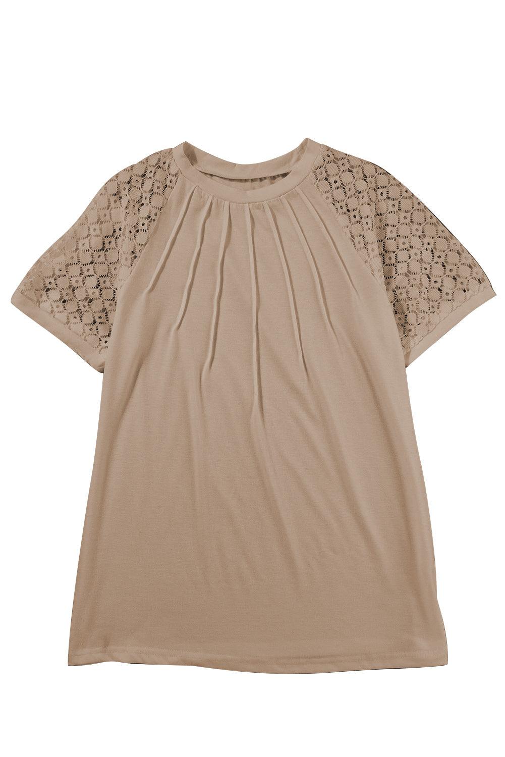 Pale Khaki Seamed Detail Contrast Lace Raglan Sleeve Tee - L & M Kee, LLC