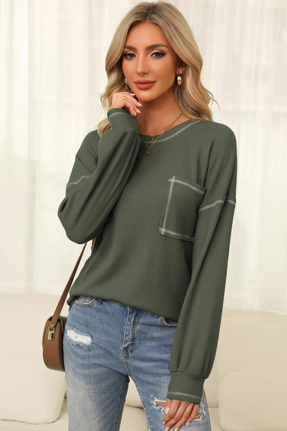 Mist Green Contrast Exposed Stitching Waffle Knit Blouse - L & M Kee, LLC