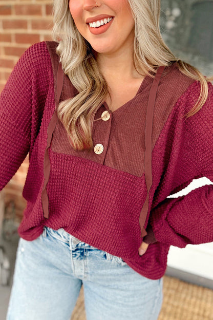 Oatmeal Waffle Patchwork Drop Shoulder Hooded Long Sleeve Top