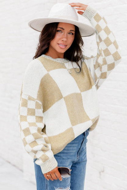 Flaxen Checkered Print Drop Shoulder Sweater - L & M Kee, LLC