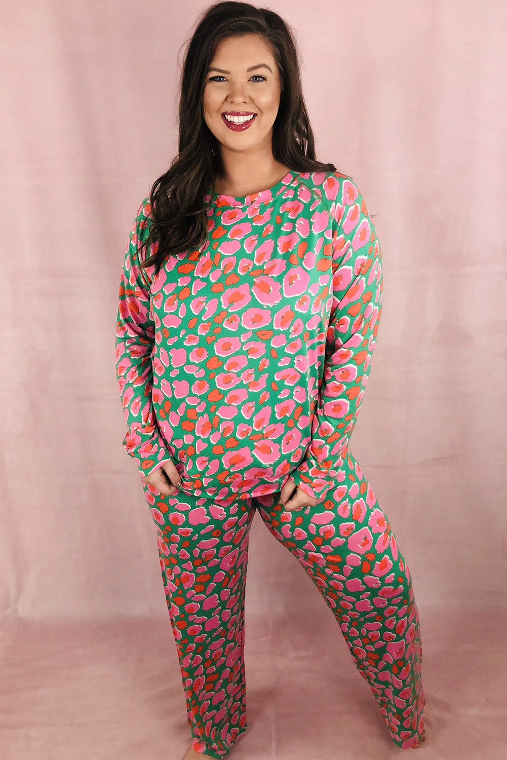 Green Plus Size Printed Long Sleeve and Pants Lounge Set