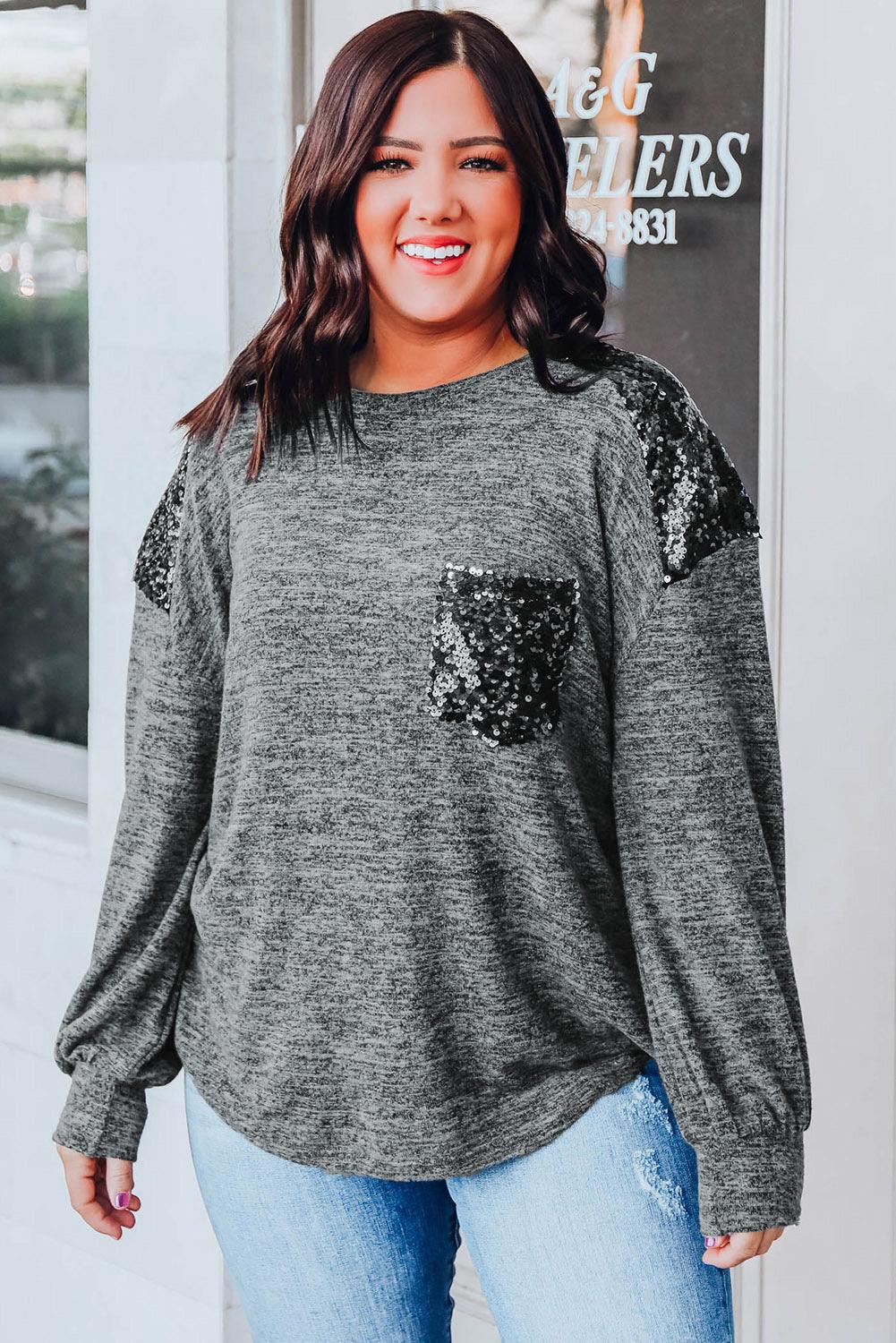 Gray Sequin Patchwork Long Sleeve Plus Size Top - L & M Kee, LLC