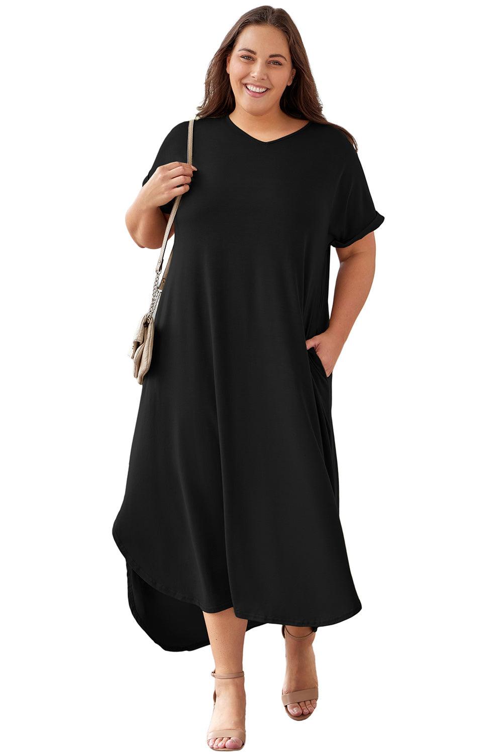 Plus Size V Neck Rolled Cuffs Maxi Dress - L & M Kee, LLC