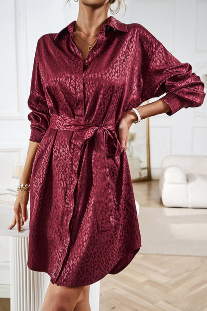 Burgundy Sleek Leopard Long Sleeve Tie Waist Shirt Dress