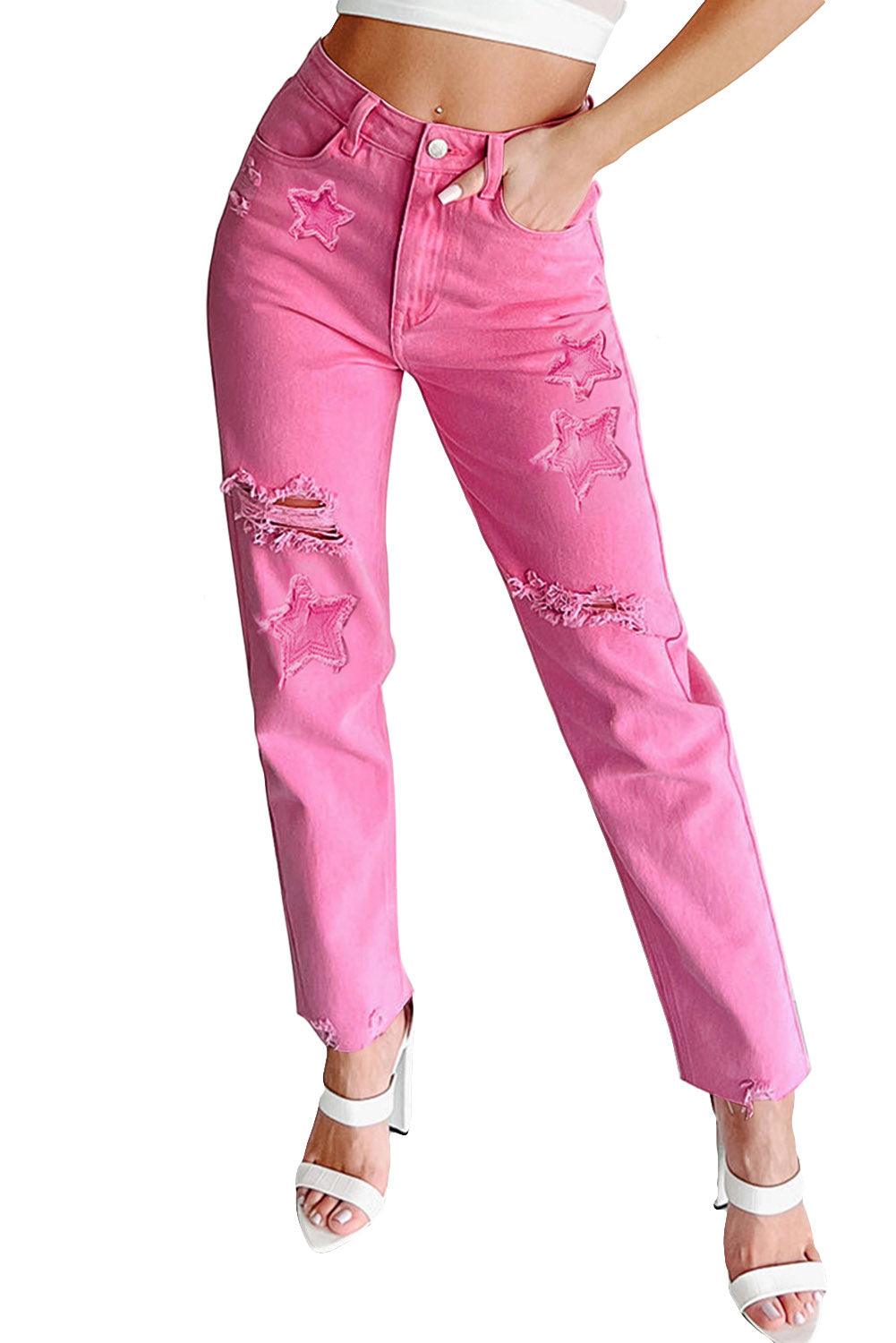 Star Shape Patchwork Mid Waist Straight Leg Jeans - L & M Kee, LLC