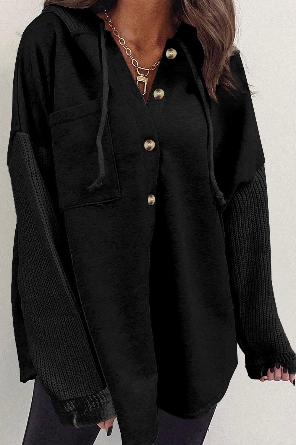 Black Button Up Contrast Knitted Sleeves Hooded Jacket - L & M Kee, LLC
