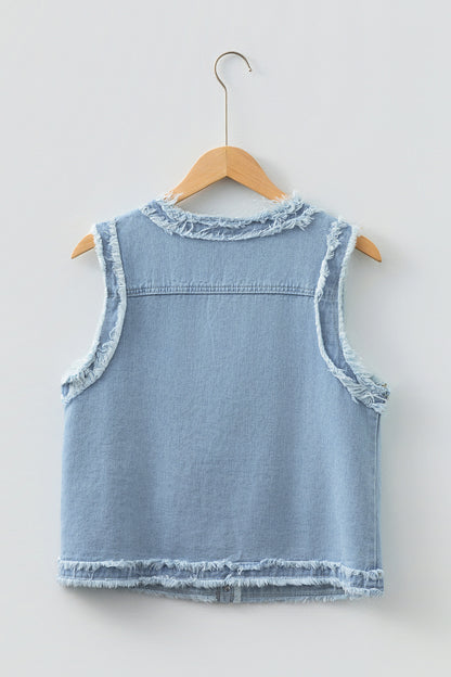 Beau Blue Frayed Edge Flap Pockets Denim Vest Jacket