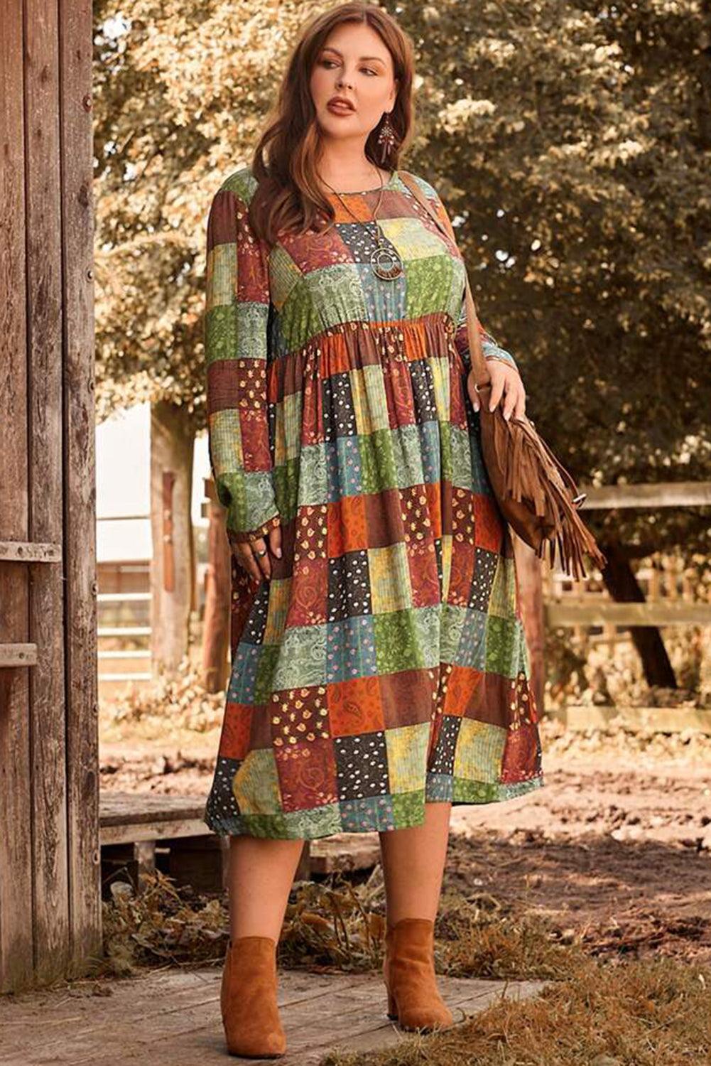 Green Printed Multicolor Western Checkered Plus Size Swing Dress - L & M Kee, LLC