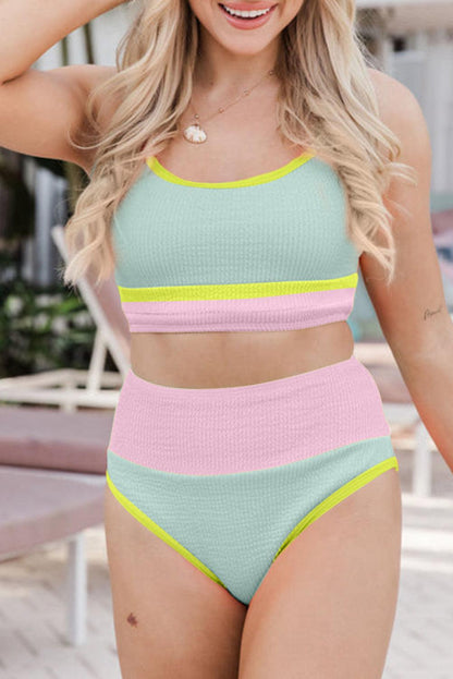 Beau Blue Color Block High Waisted Sexy Bikini Set - L & M Kee, LLC