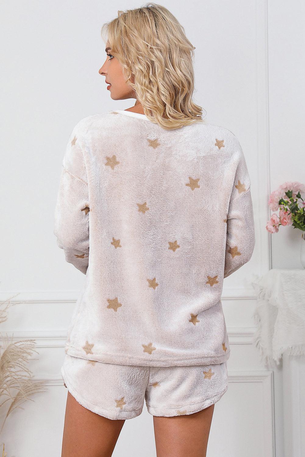 White Plush Star Pattern Long Sleeve Pullover and Shorts Lounge Set - L & M Kee, LLC