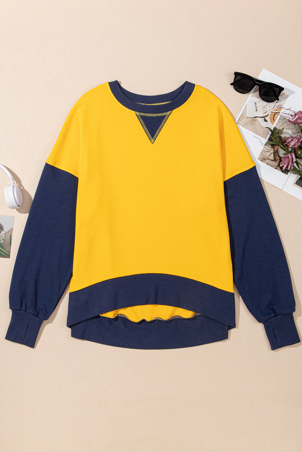 Parchment Color Block Thumbhole Sleeve Drop Shoulder Sweatshirt