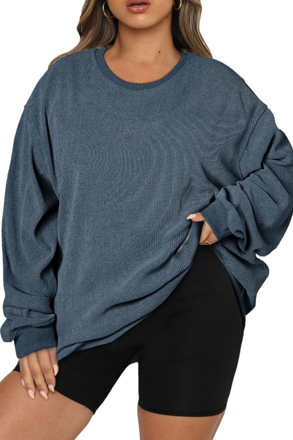 Blue Plus Size Corded Round Neck Sweatshirt - L & M Kee, LLC