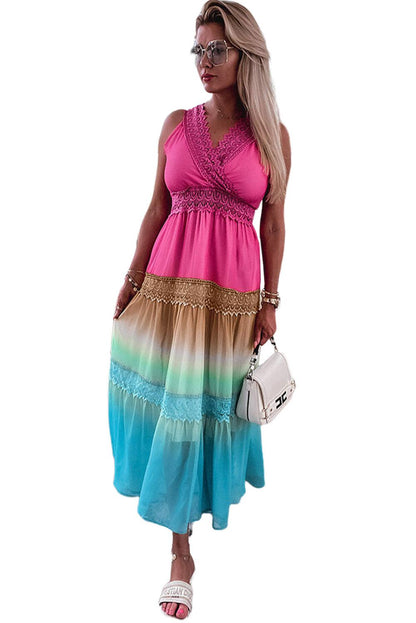 Multicolor Lace Stitching Gradient Rainbow Long Dress - L & M Kee, LLC