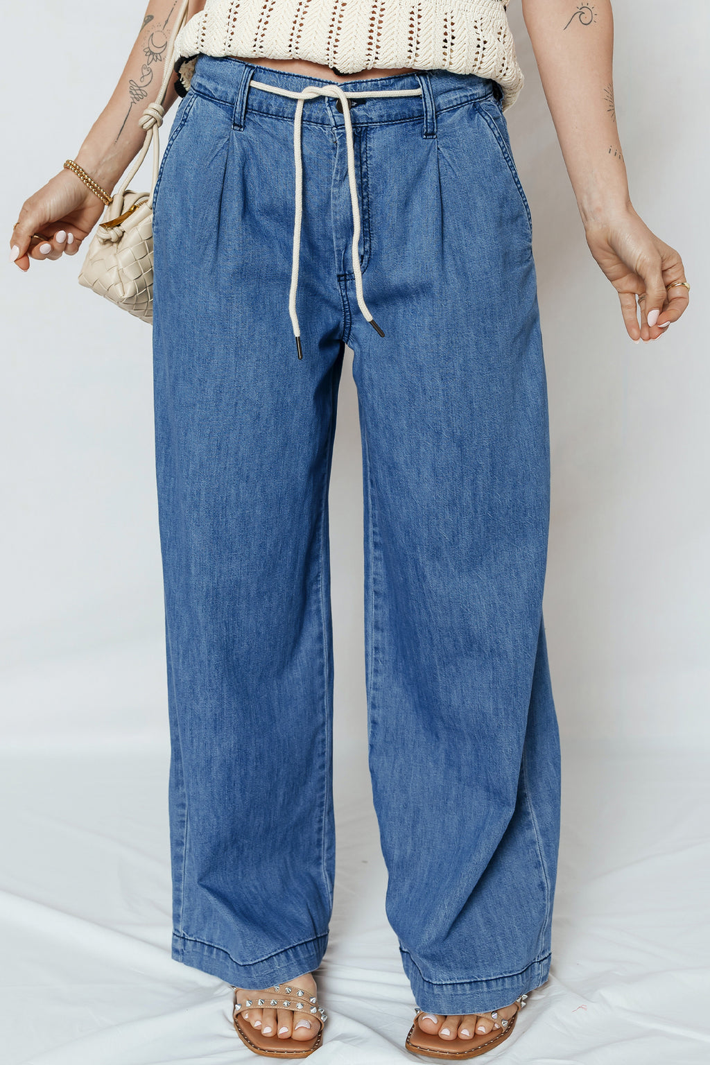 Dusk Blue Lace-up Pull on Wide Leg Jeans