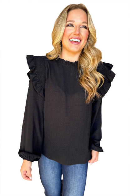 Black Frilled Neck Ruffled Trim Bubble Sleeve Blouse - L & M Kee, LLC