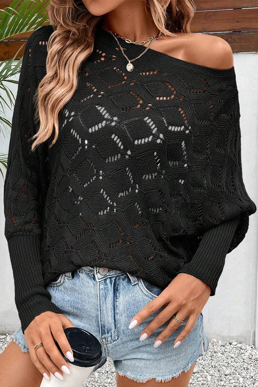 Black Chic Rhombus Knit Dolman Sleeve Sweater - L & M Kee, LLC