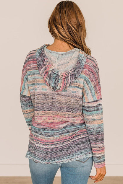 Multicolor Striped Print Cable Knit Drop Shoulder Hoodie - L & M Kee, LLC