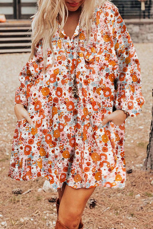 Orange Printed Split Neck Floral Pocketed Shift Dress - L & M Kee, LLC